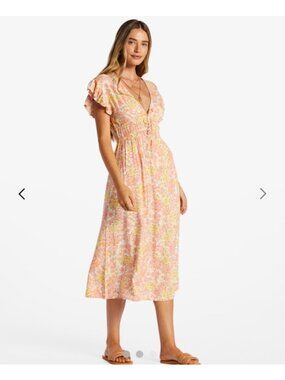 Billabong Women's Pink & Yellow Floral V-Neck Midi Dress Size XL Ruffle Sleeves